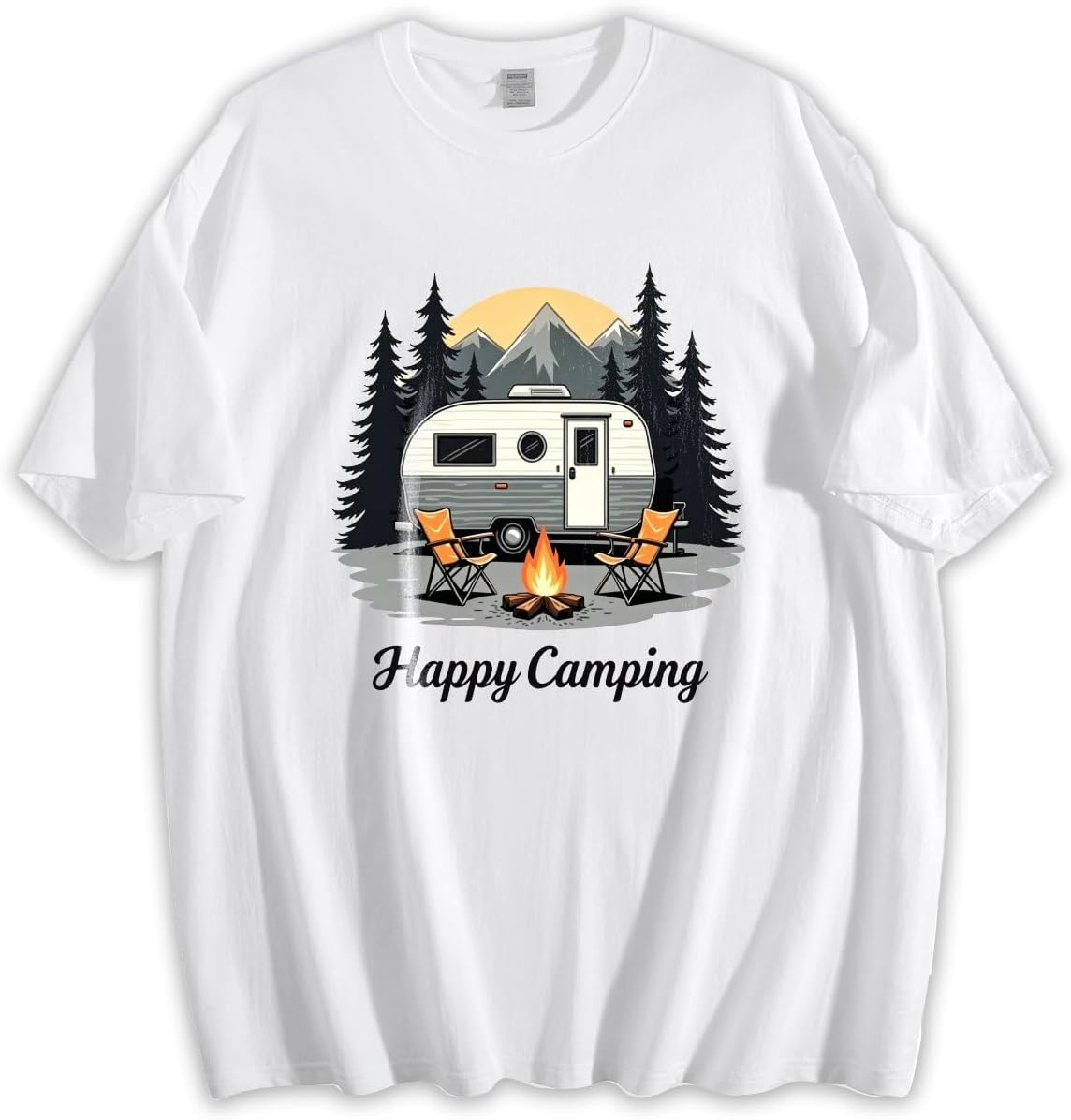 Unisex Loose Fit Crewneck Cotton T-Shirt, Happy Camping Vintage Camper Trailer Mountain Pine Tree Outdoor Graphic Tee - White
