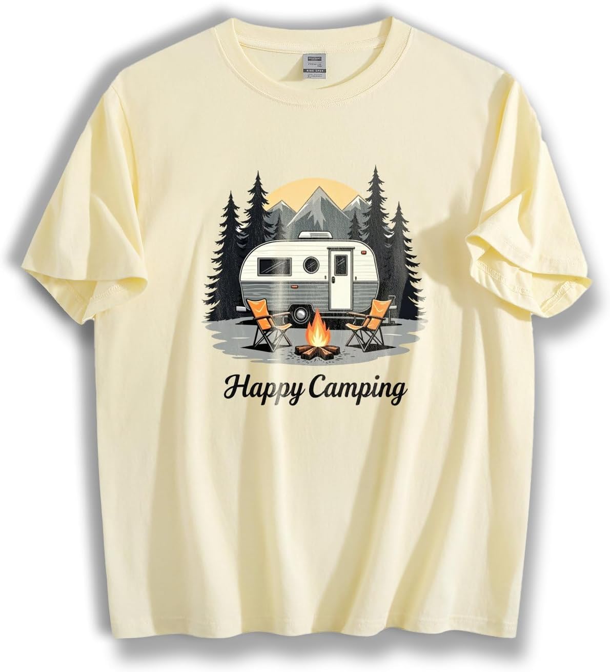 Unisex Loose Fit Crewneck Cotton T-Shirt, Happy Camping Vintage Camper Trailer Mountain Pine Tree Outdoor Graphic Tee -