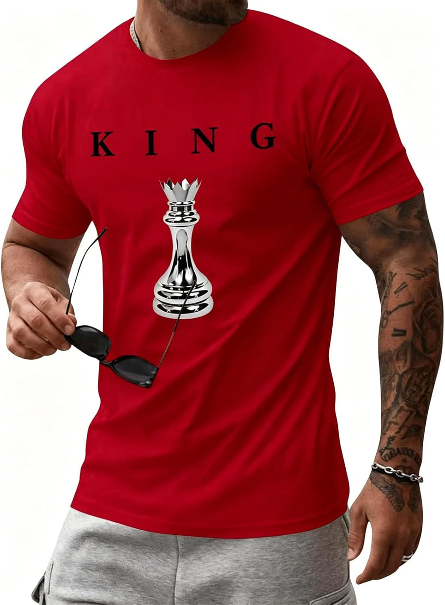 Mens Graphic Tee Short Sleeve Chess King Shirt Summer Casual Streetwear Urban Letter T-Shirt - Red