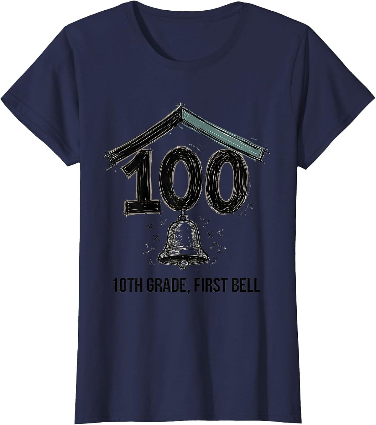 Women's √100 = 10TH GRADE First Bell Hand-Sketched Math Birthday T-Shirt - Navy Blue