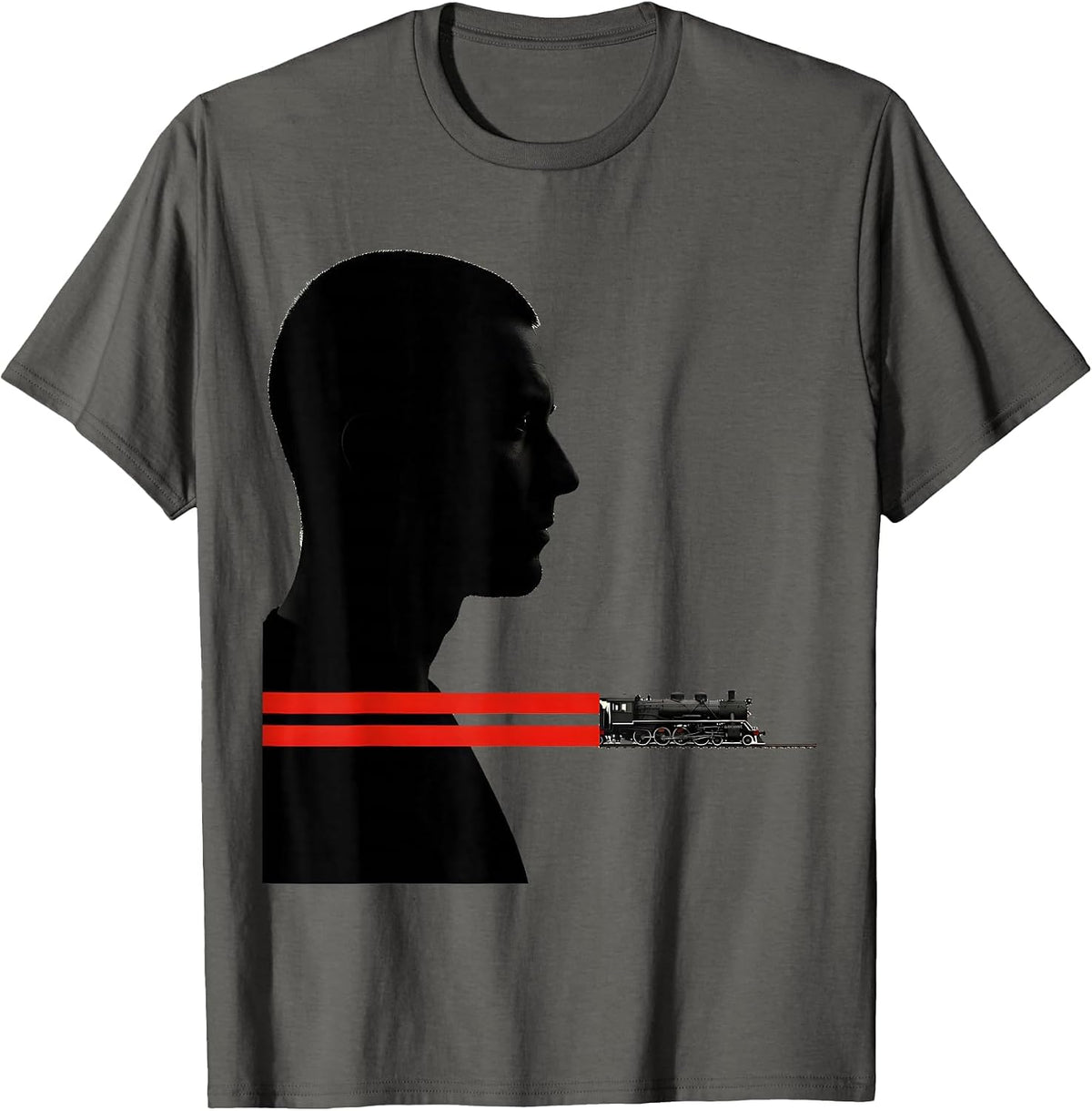 Men's Brutalist Train Head Locomotive Enthusiast Humor T-Shirt - Asphalt Grey