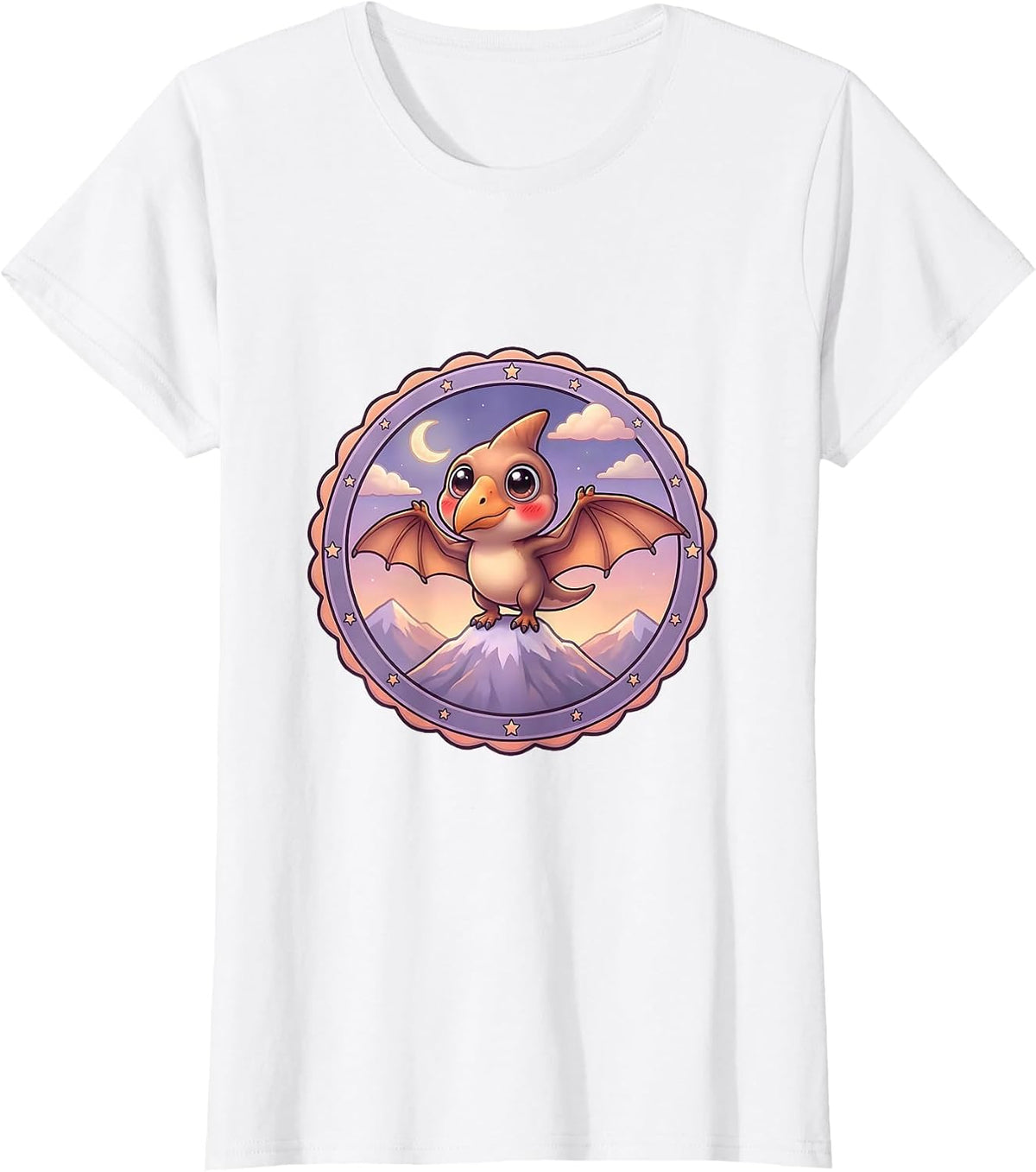 Women's Pterodactyl Mountain Peak Dusk Dinosaur Design T-Shirt - White