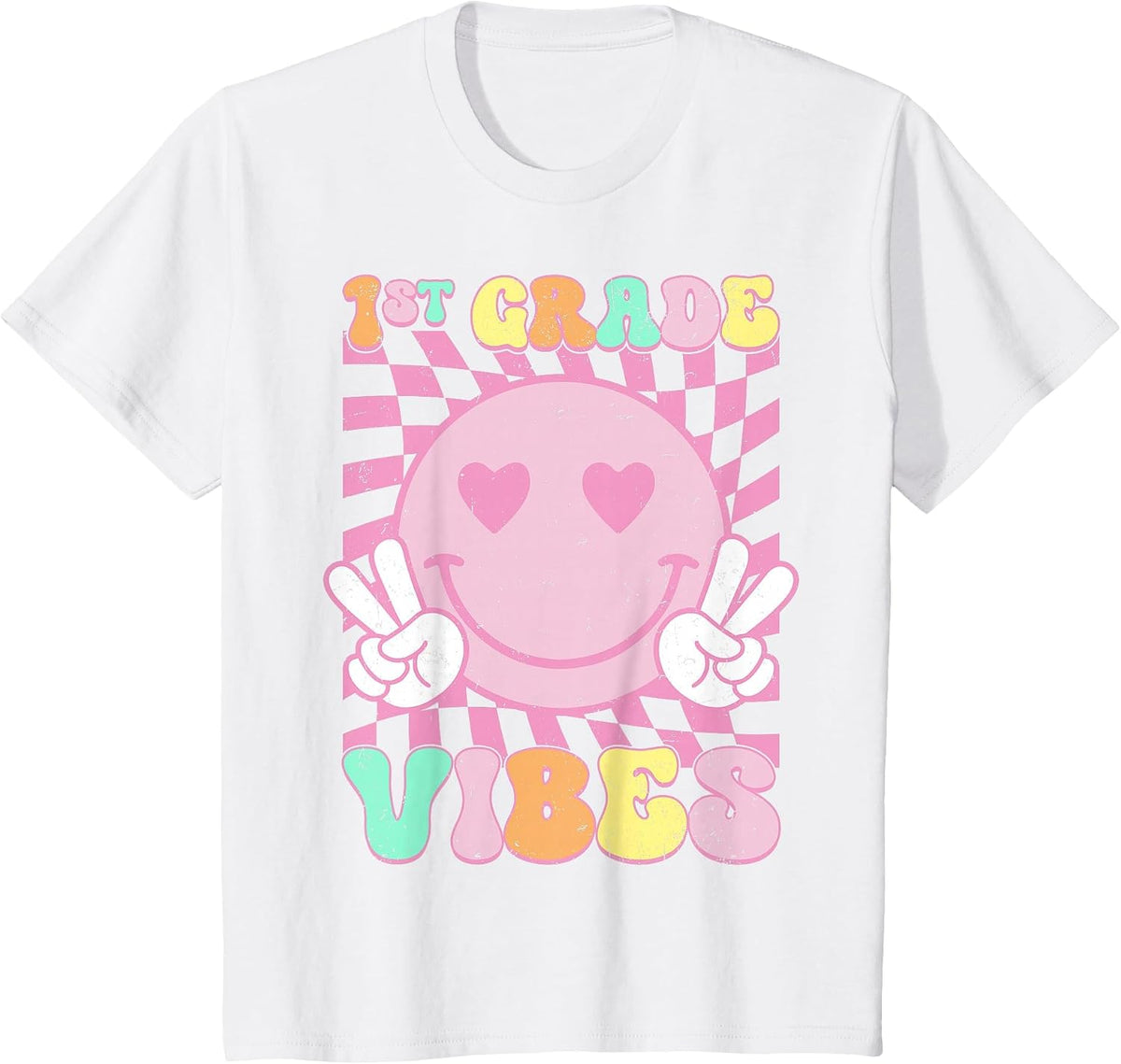 Pink 1st Grade Vibes Smile Face Back to School First Grade T-Shirt - White