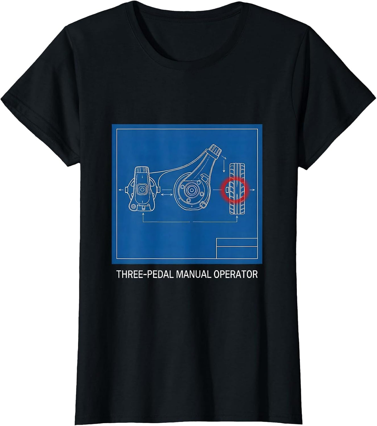 Women's Three-Pedal Manual Operator Technical Blueprint Car Guy T-Shirt - Black