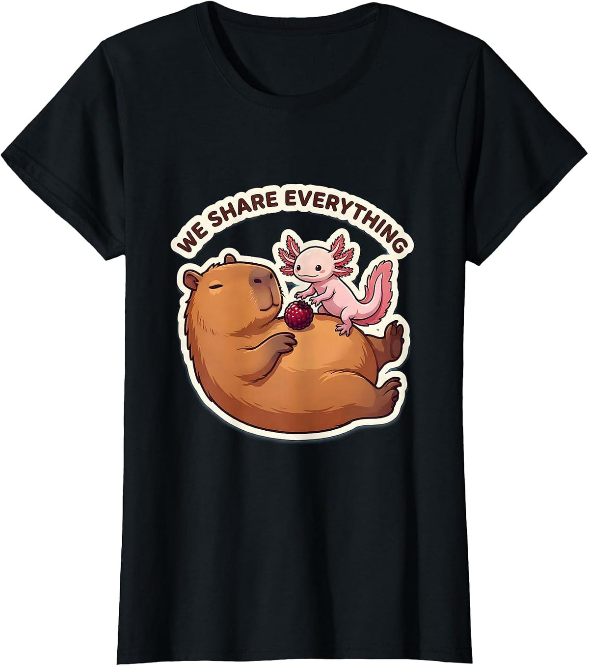 We Share Everything Cute Kawaii Capybara Axolotl Animal T-Shirt - Black