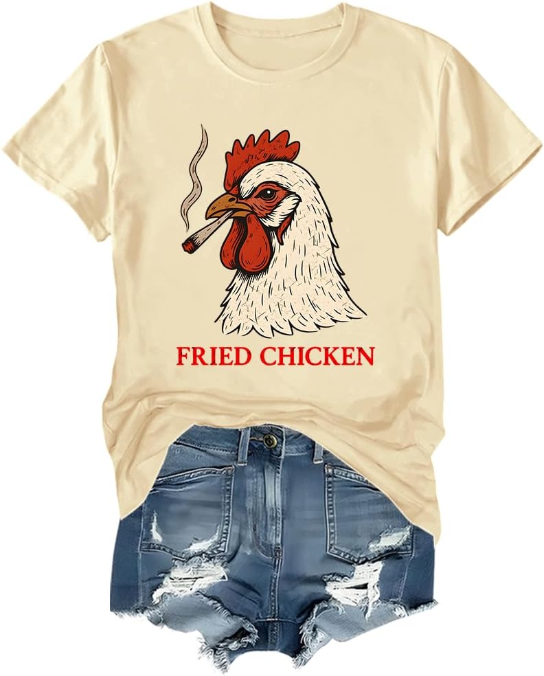 Fried Chicken Shirt Vintage Smoking Chicken Graphic Tee Women Men Tshirt - Crew Neck Crew-creamy Yellow