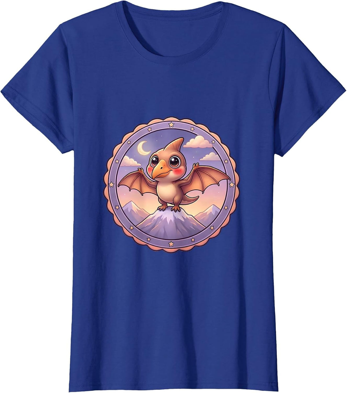 Women's Pterodactyl Mountain Peak Dusk Dinosaur Design T-Shirt - Royal Blue