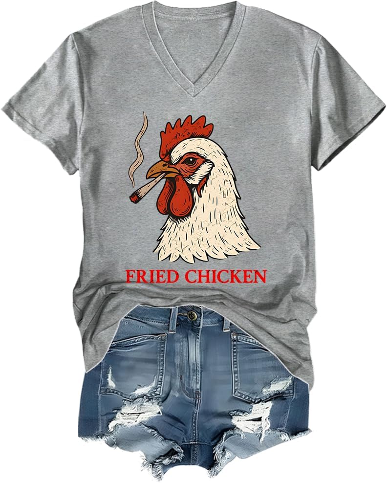 Fried Chicken Shirt Vintage Smoking Chicken Graphic Tee Women Men Tshirt - V-Neck Vneck-grey