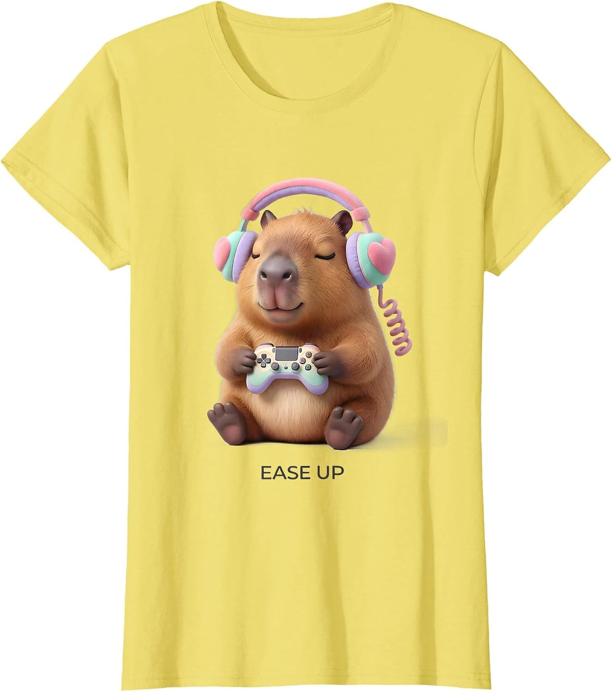 Women's Ease Up Cute Kawaii Capybara Gamer Meme Humor T-Shirt - Lemon Yellow