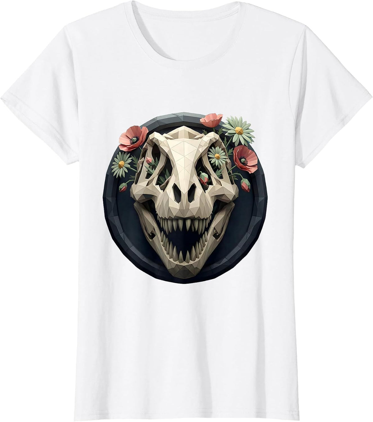T-Rex Skull Floral Dinosaur Gothic Art Design T-Shirt - White