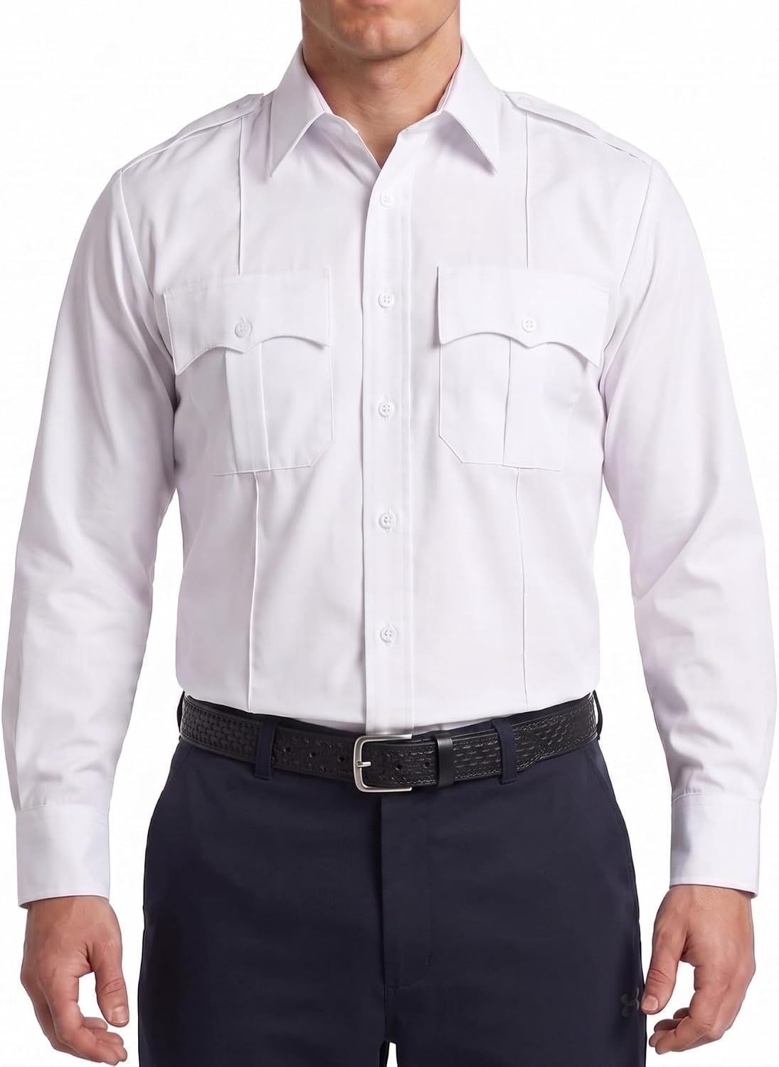 First Class Men's Polycotton Long Sleeve Uniform Shirt - Tactical Work Utility and Safety Security Shirt - White