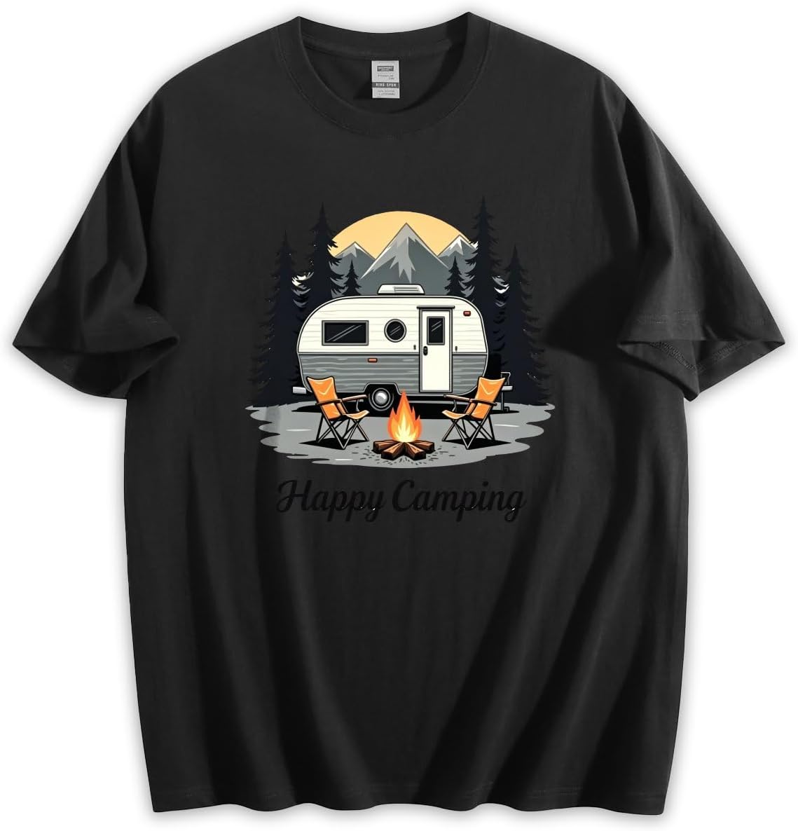 Unisex Loose Fit Crewneck Cotton T-Shirt, Happy Camping Vintage Camper Trailer Mountain Pine Tree Outdoor Graphic Tee - Black