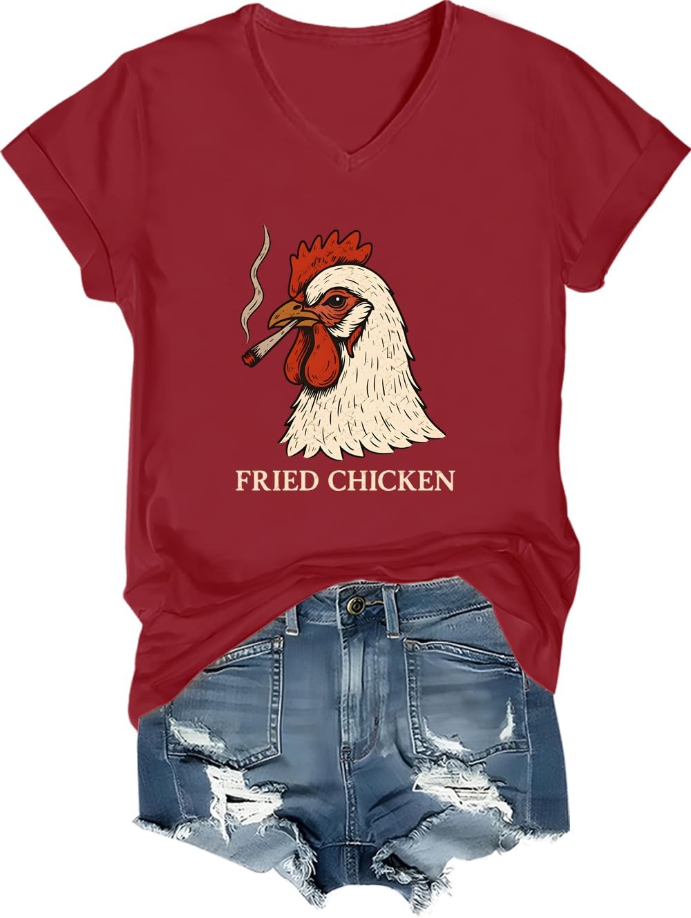 Fried Chicken Shirt Smoking Rooster Fried Chicken Tshirt - V-Neck Claret-hn