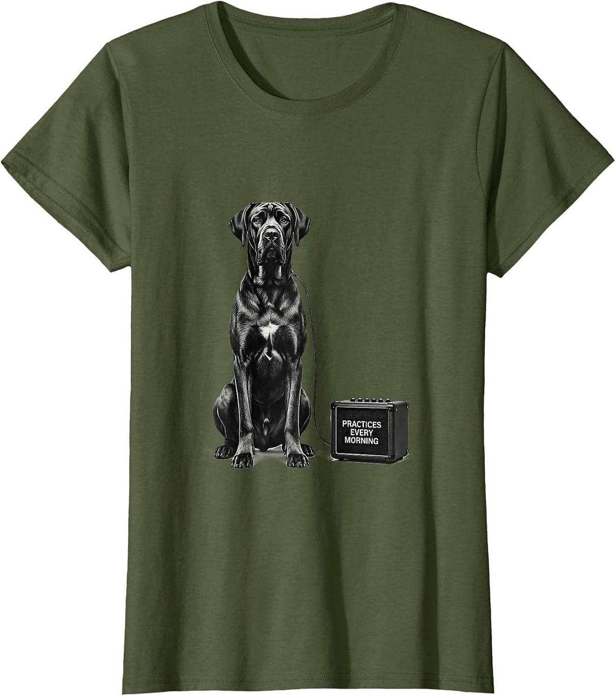 Women's Practices Every Morning Great Dane Rock Guitarist Dog Lover T-Shirt - Olive Green