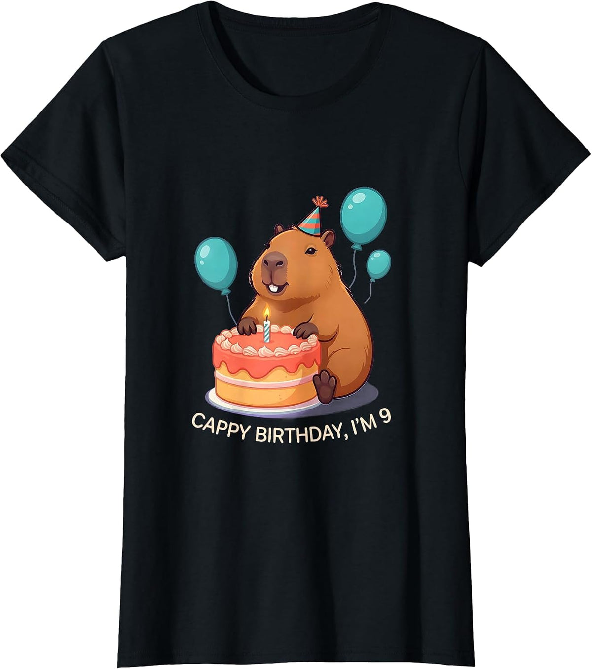 Cappy Birthday I'm 9 Kawaii Capybara Birthday To Me T-Shirt - Black