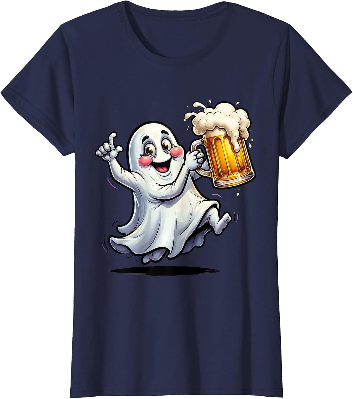Women's Ghost Holding Frothy Beer Mug Illustration T-Shirt - Navy Blue