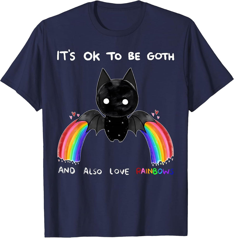 It's Ok to Be Goth and Also Love Rainbows Bat Gay LGBT T-Shirt - Navy Blue