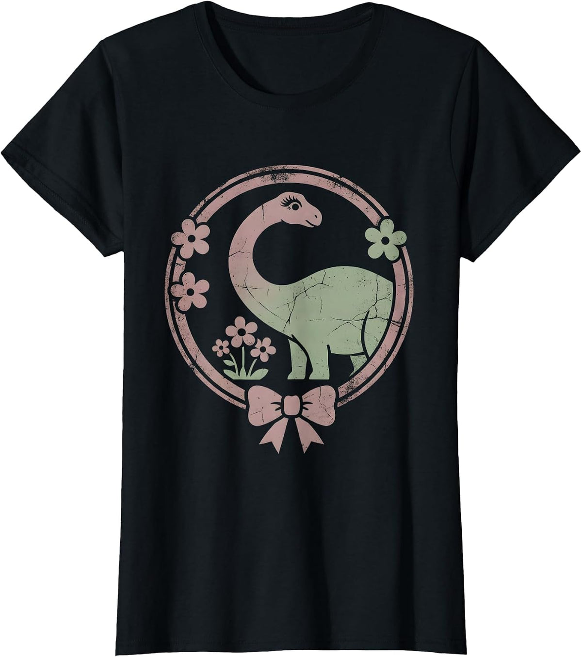 Women's Brachiosaurus Floral Dinosaur Illustration T-Shirt - Black