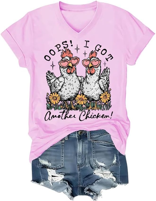 Oops I Got Another Chicken Shirt Funny Farm Animal Tshirt Unisex Cute Floral Hen T-Shirt - V-Neck Pink-1