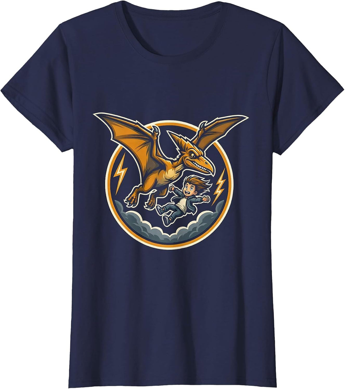 Women's Pterodactyl Adventure Boy Stormy Sky Dinosaur T-Shirt - Navy Blue