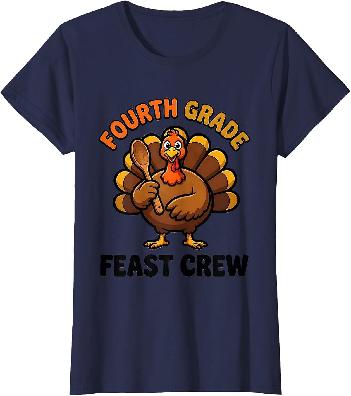 Women's Fourth Grade Feast Crew Cartoon Teacher Thanksgiving Crew T-Shirt - Navy Blue
