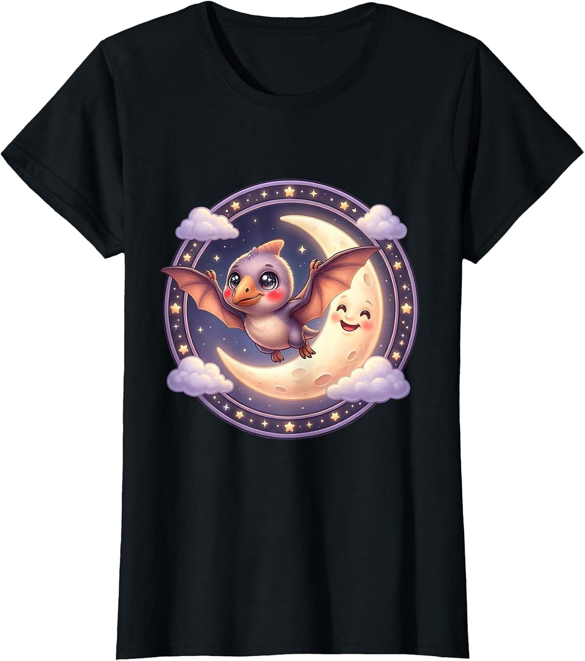 Women's Pterodactyl Soaring Over Crescent Moon Dinosaur T-Shirt - Black