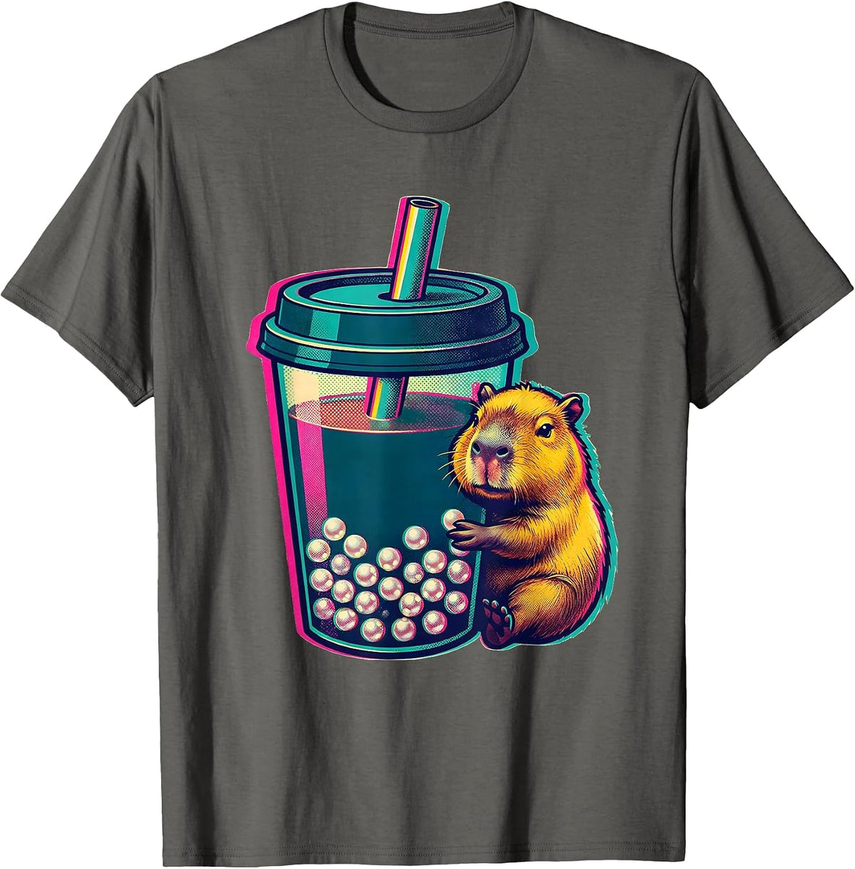 Men's Capybara Boba Tea Kawaii Anime Cute Bubble Tea Lover T-Shirt - Asphalt Grey