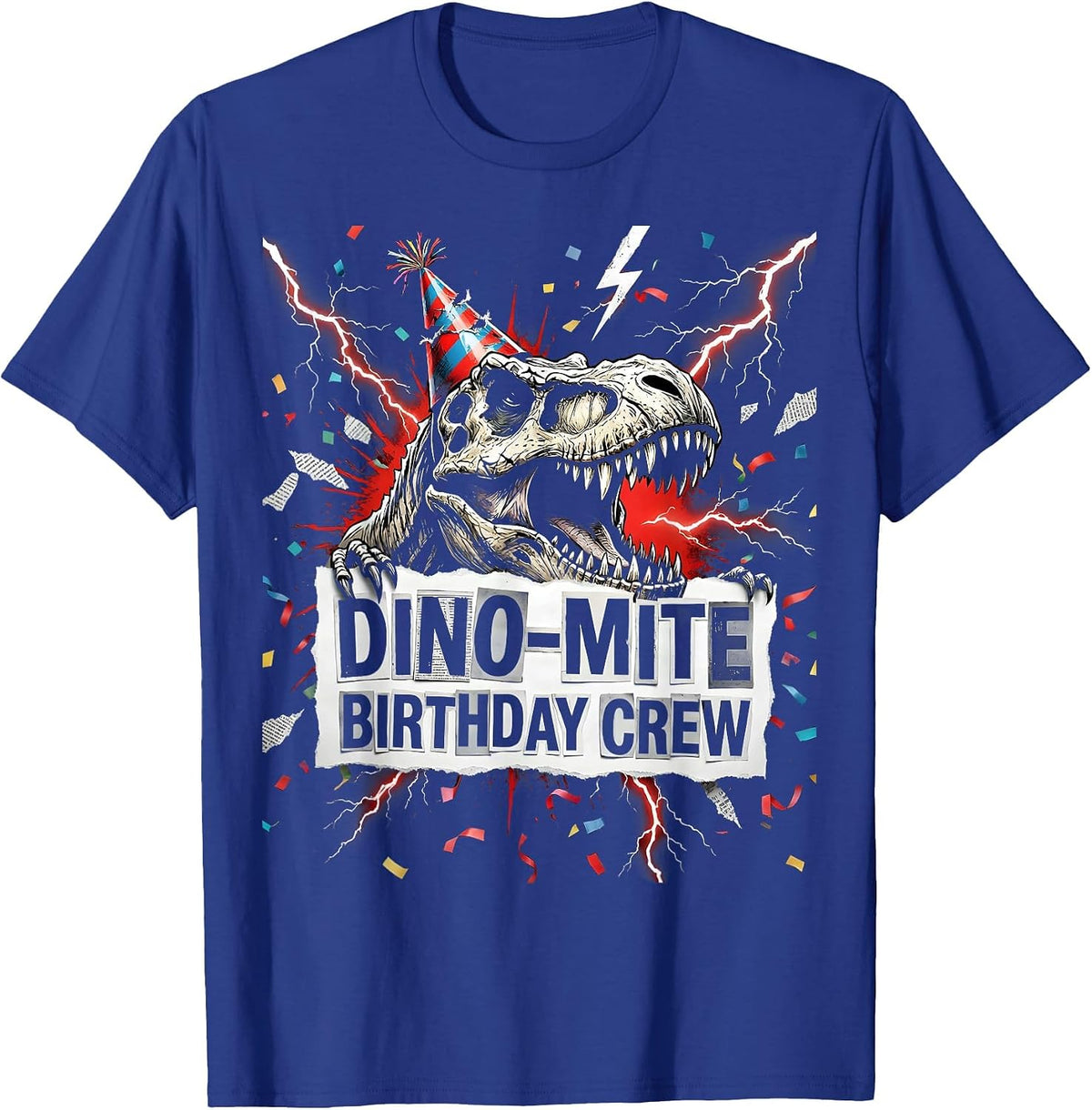 Men's Dino-mite Birthday Crew Dinosaur Design T-Shirt - Royal Blue
