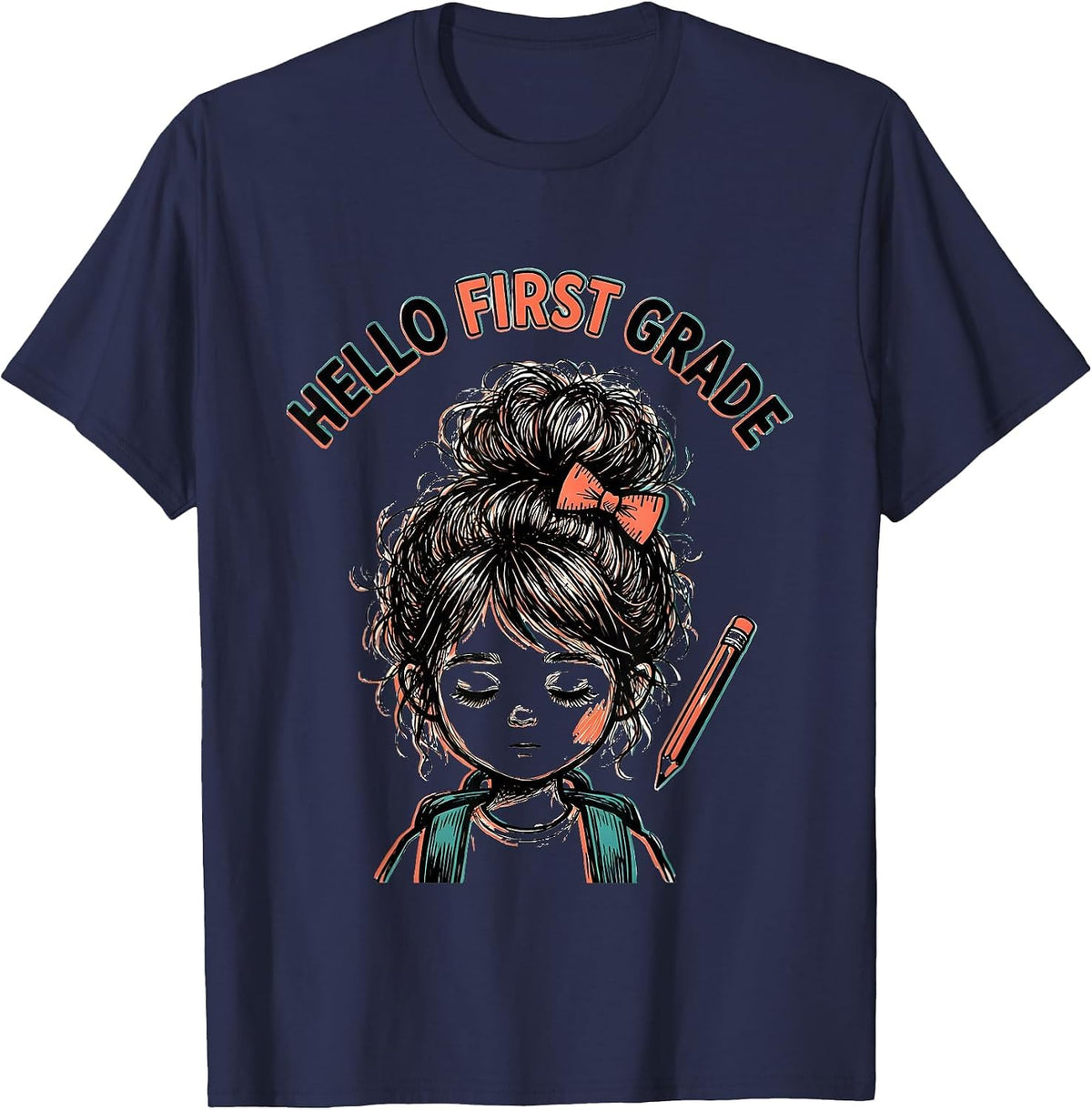 Men's Hello First Grade Back To School Messy Bun Girl Humor T-Shirt - Navy Blue