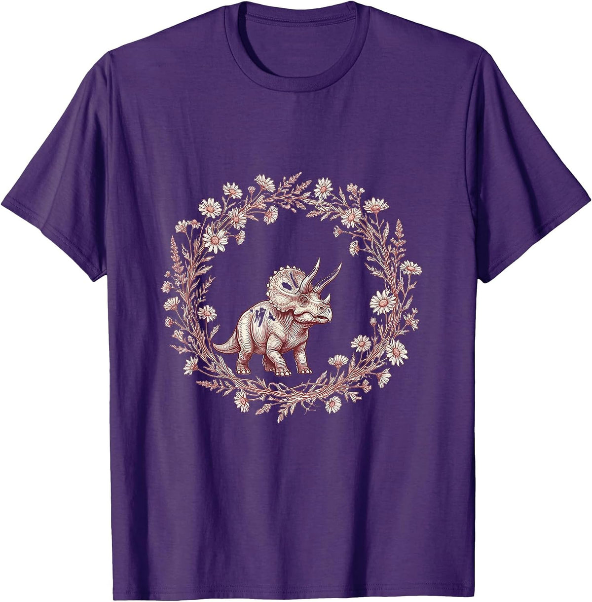 Baby Triceratops Flower Crown Dinosaur Illustration T-Shirt - Purple