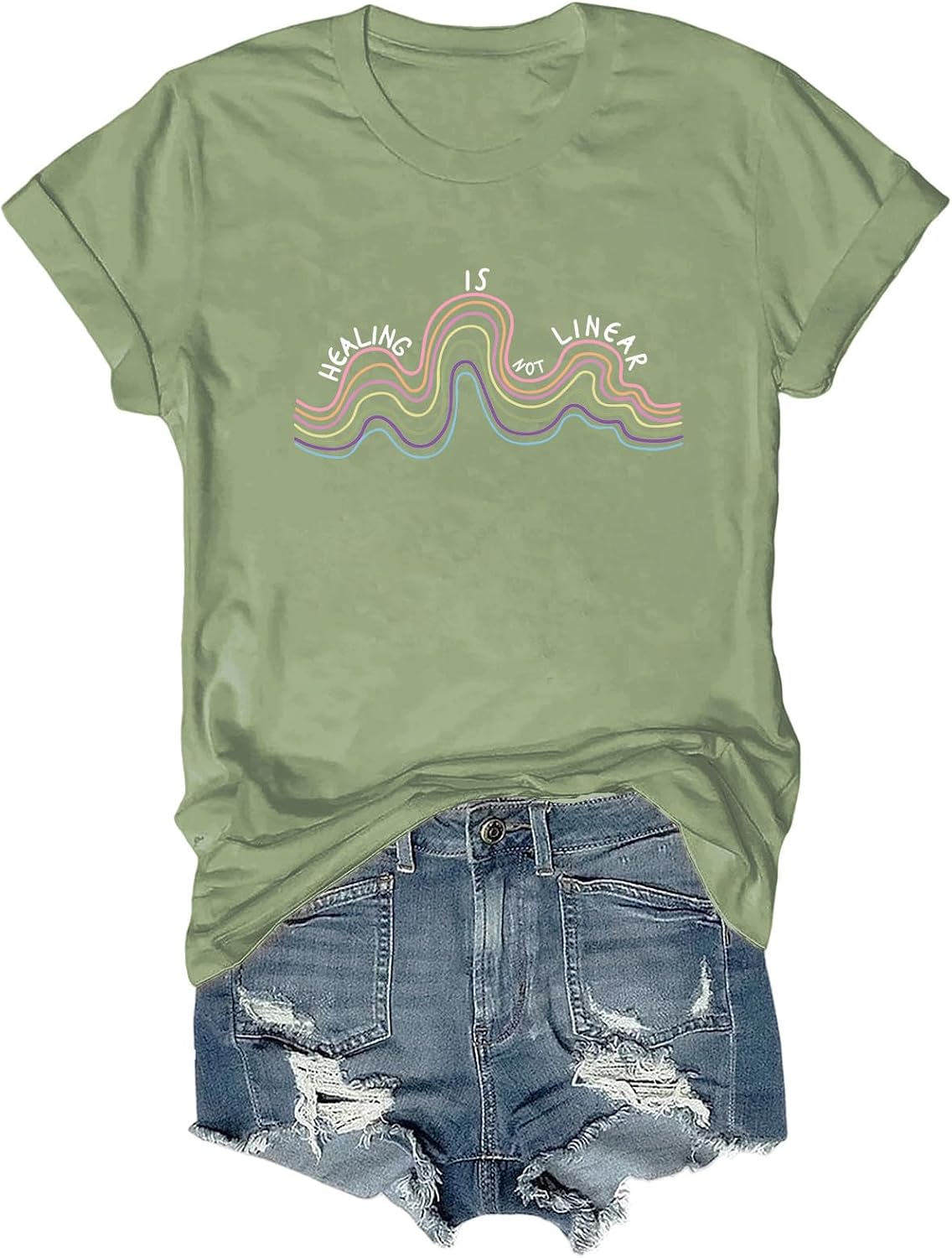 Healing is Not Linear T-Shirt, Mental Health Awareness Tee Inspirational Self Care Rainbow Shirt - Crewneck Green