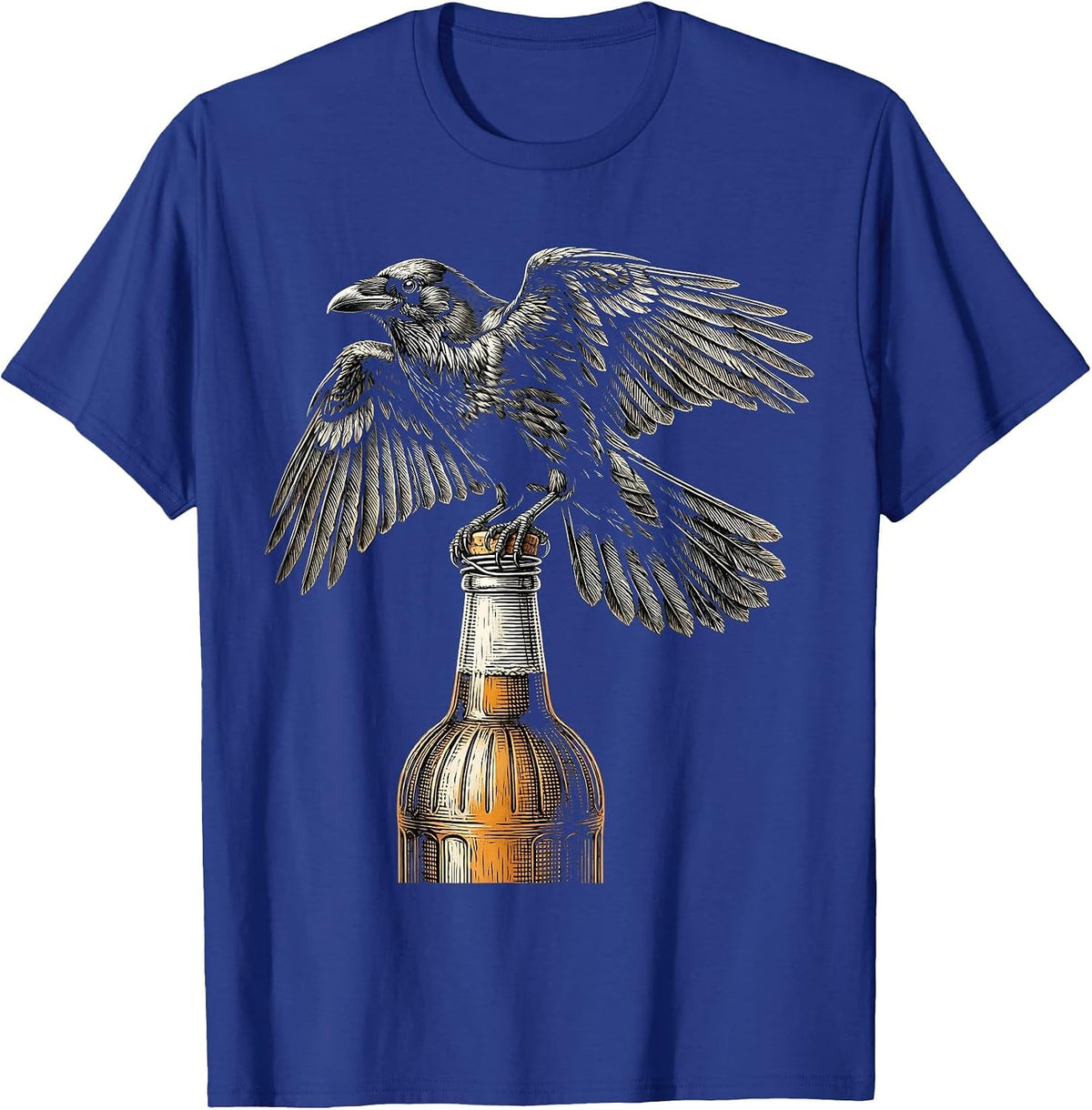 Raven on Vintage Beer Bottle Graphic Tee T-Shirt - Royal Blue