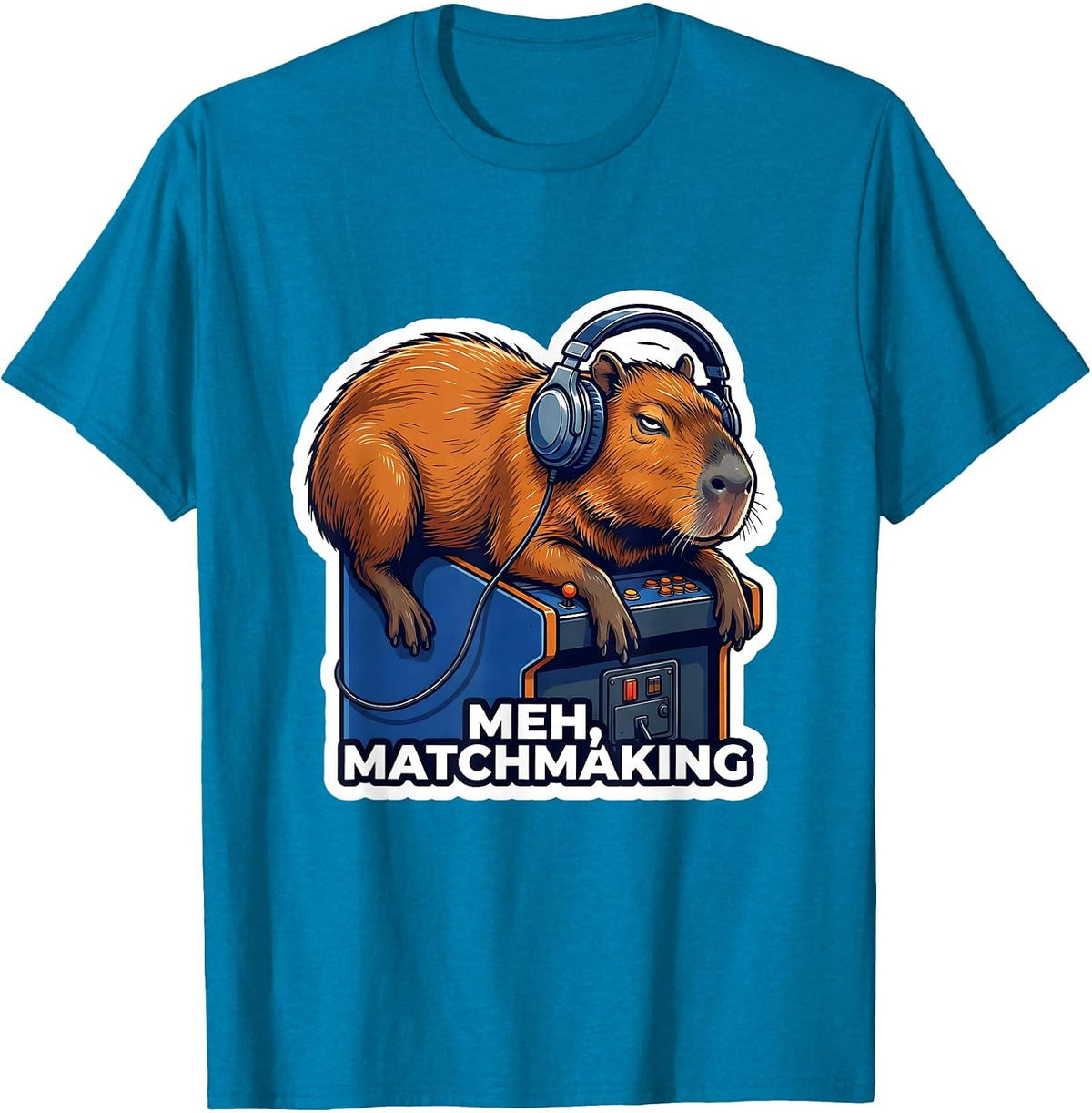 Meh, Matchmaking Sticker Style Funny Capybara Gamer Meme T-Shirt - Sapphire Blue