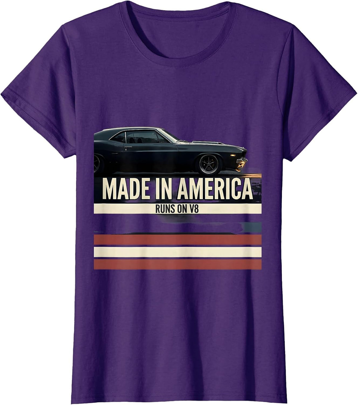 Women's Made In America, Runs On V8 Vintage Muscle Car Patriotic T-Shirt - Purple