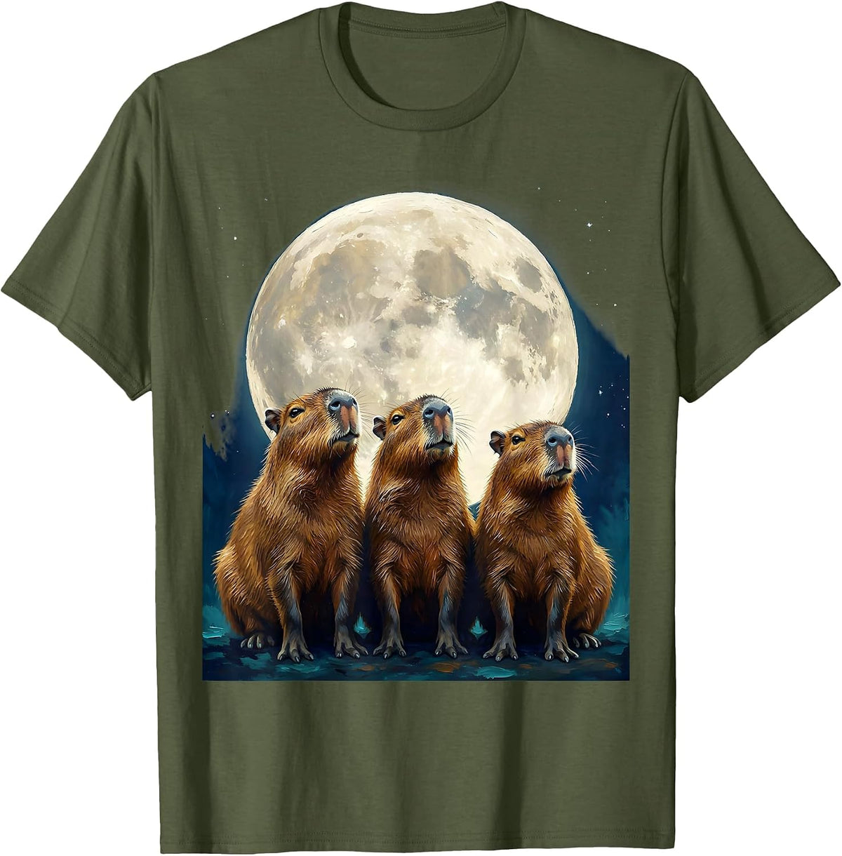 Men's Three Capybara Moon Gouache Poster Novelty Animal Lover T-Shirt - Olive Green