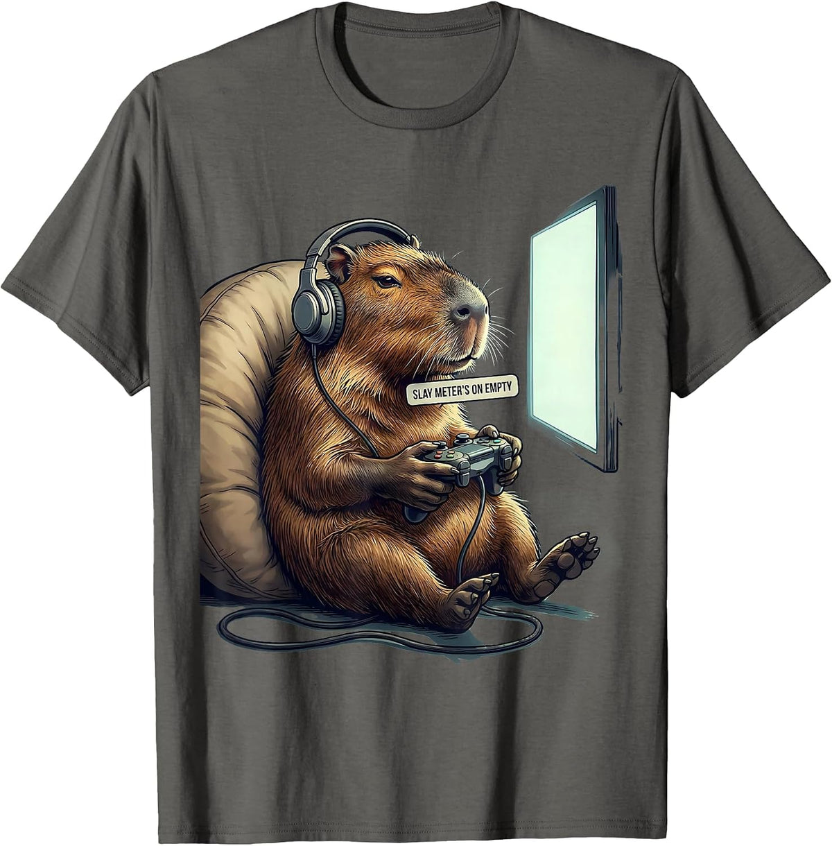 Men's Slay Meter's On Empty Funny Capybara Gamer Meme Humor T-Shirt - Asphalt Grey