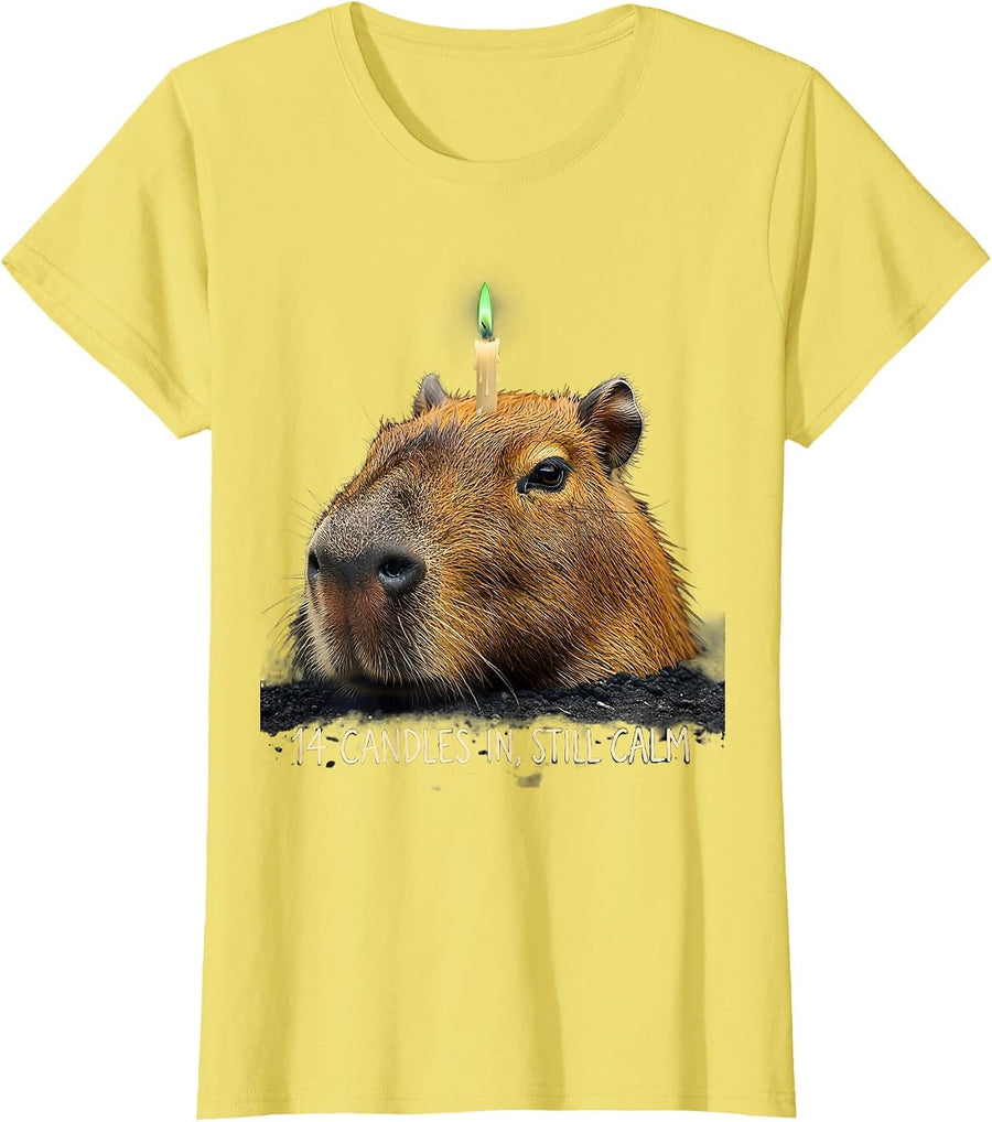 14 Candles In, Still Calm Funny Capybara Birthday Meme Gift T-Shirt - Lemon Yellow