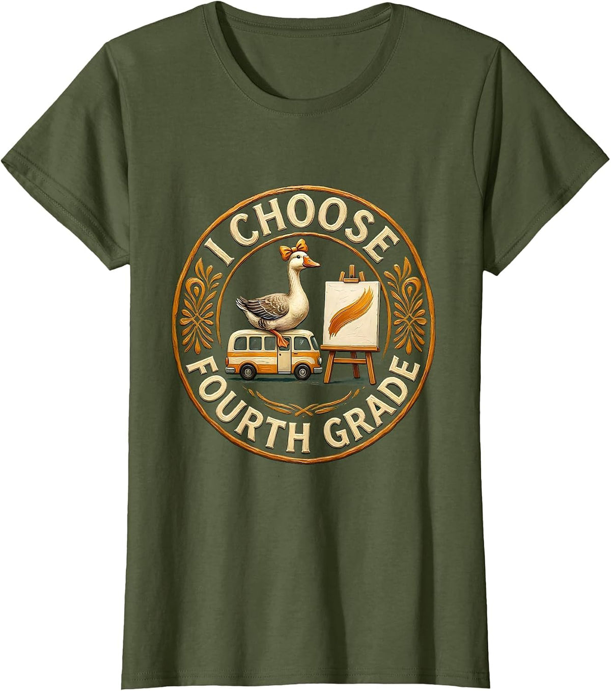Women's I Choose Fourth Grade Cute Goose Teacher Back To School T-Shirt - Olive Green