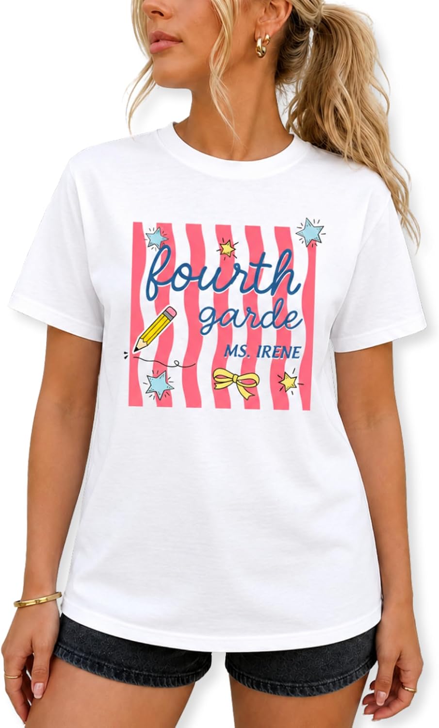 Custom Teacher Graphic T-Shirt Grade Level Name Women Gift - Fourth Grade