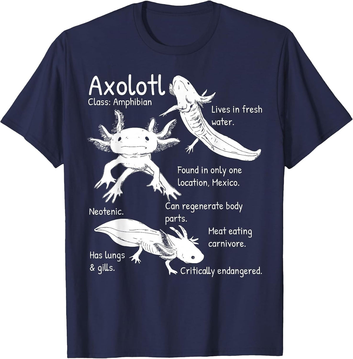 Axolotl Facts Species Types Endangered Animals Illustration T-Shirt - Navy Blue