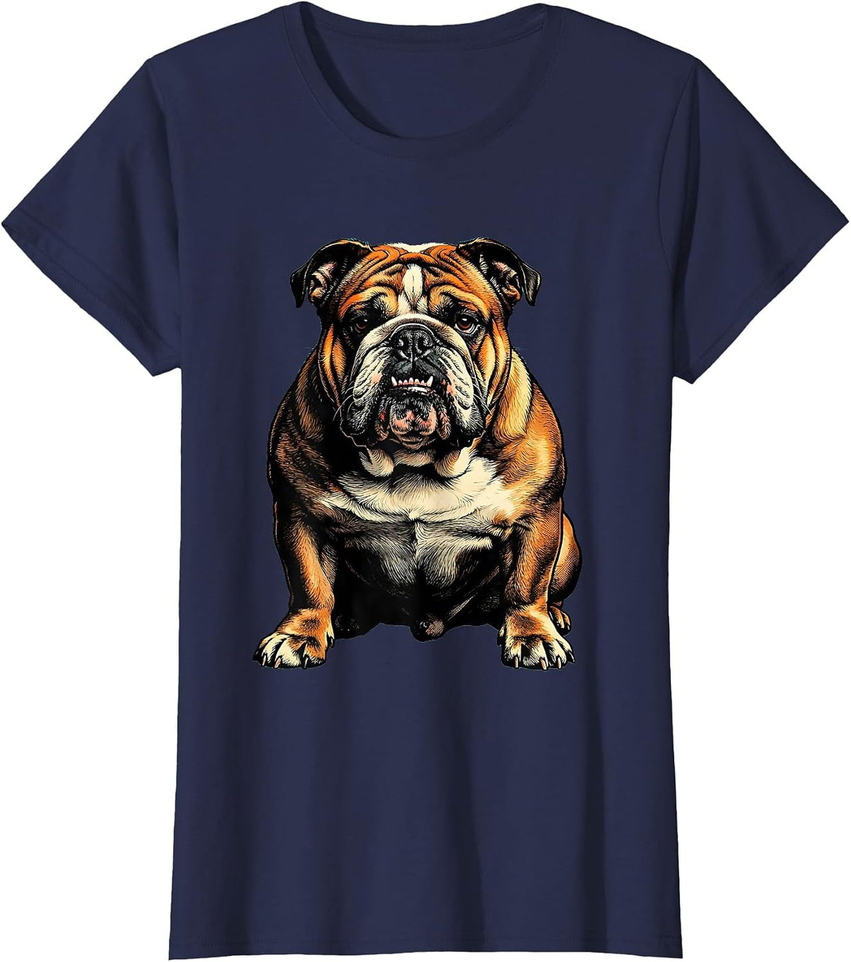Women's English Bulldog Screenprint Poster Dog Lover Art T-Shirt - Navy Blue
