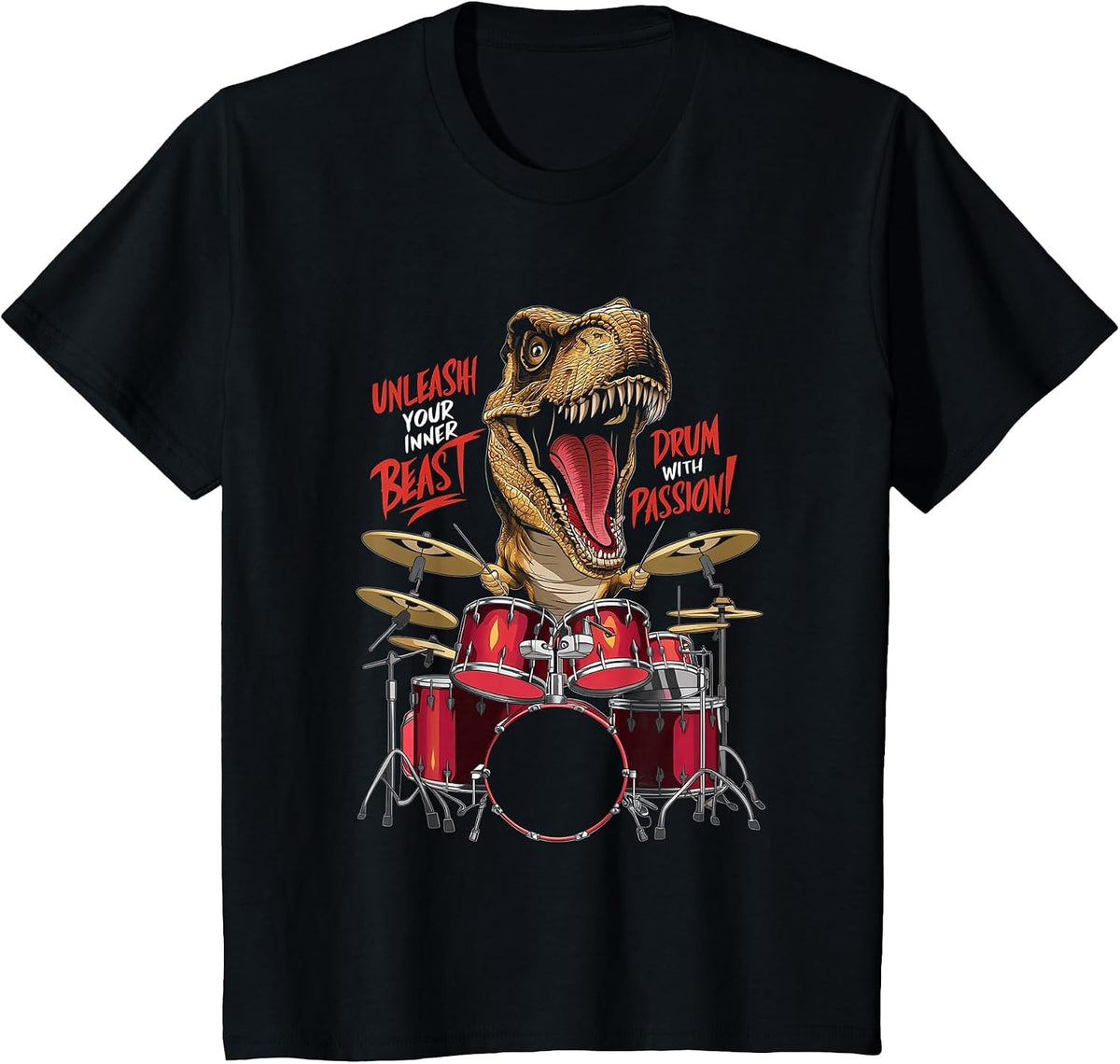 Cool Dinosaur Drummer - Boys Girls Kids Drummers T-Shirt - Black