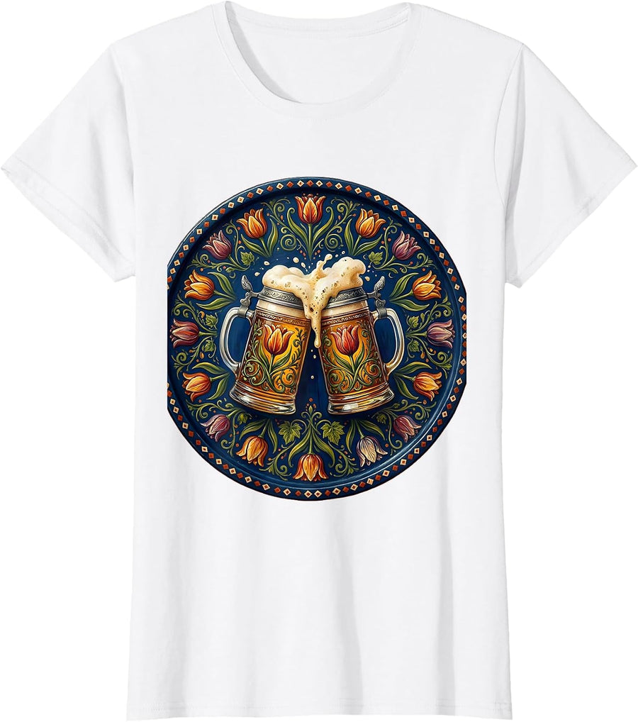 Women's Clinking Beer Steins October Festival Graphic T-Shirt - White