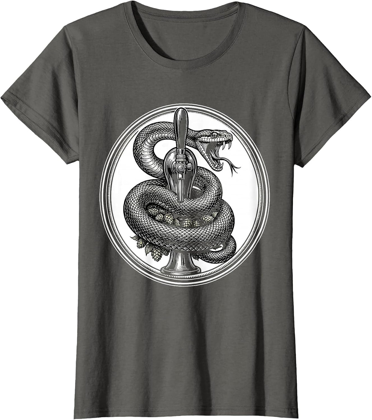 Women's Serpent Coiled Beer Tap Graphic Design T-Shirt - Asphalt Grey