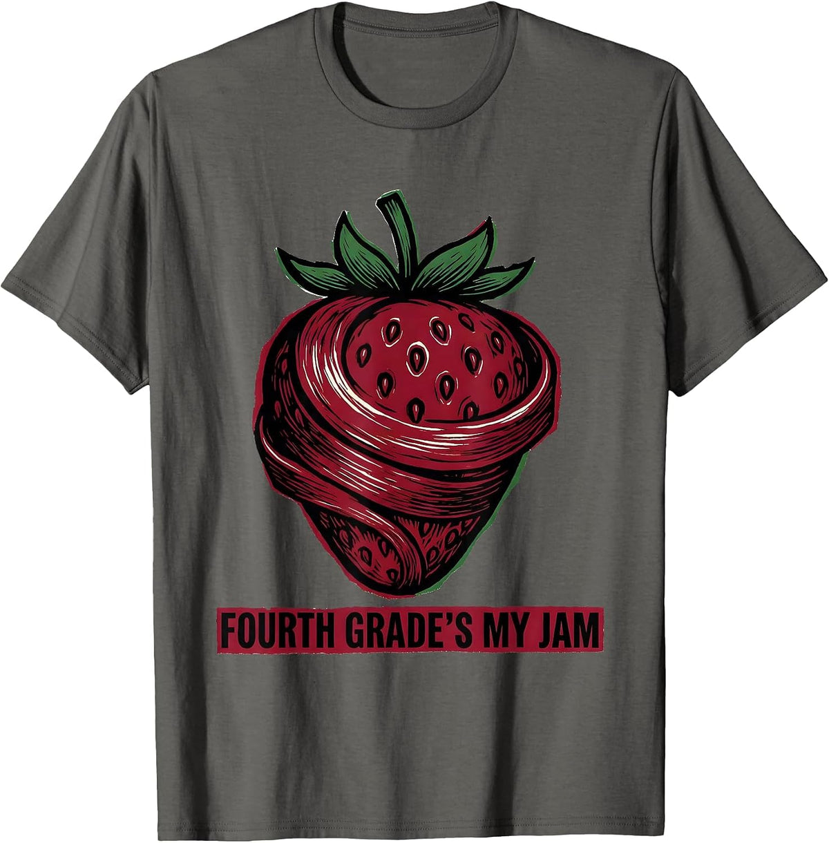 Fourth Grade's My Jam Linocut Strawberry Back to School T-Shirt - Asphalt Grey