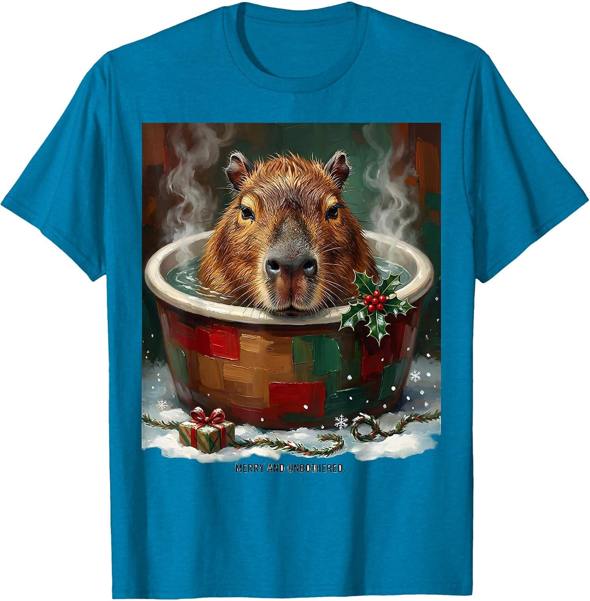 Merry And Unbothered Cute Christmas Capybara Animal Lover T-Shirt - Sapphire Blue