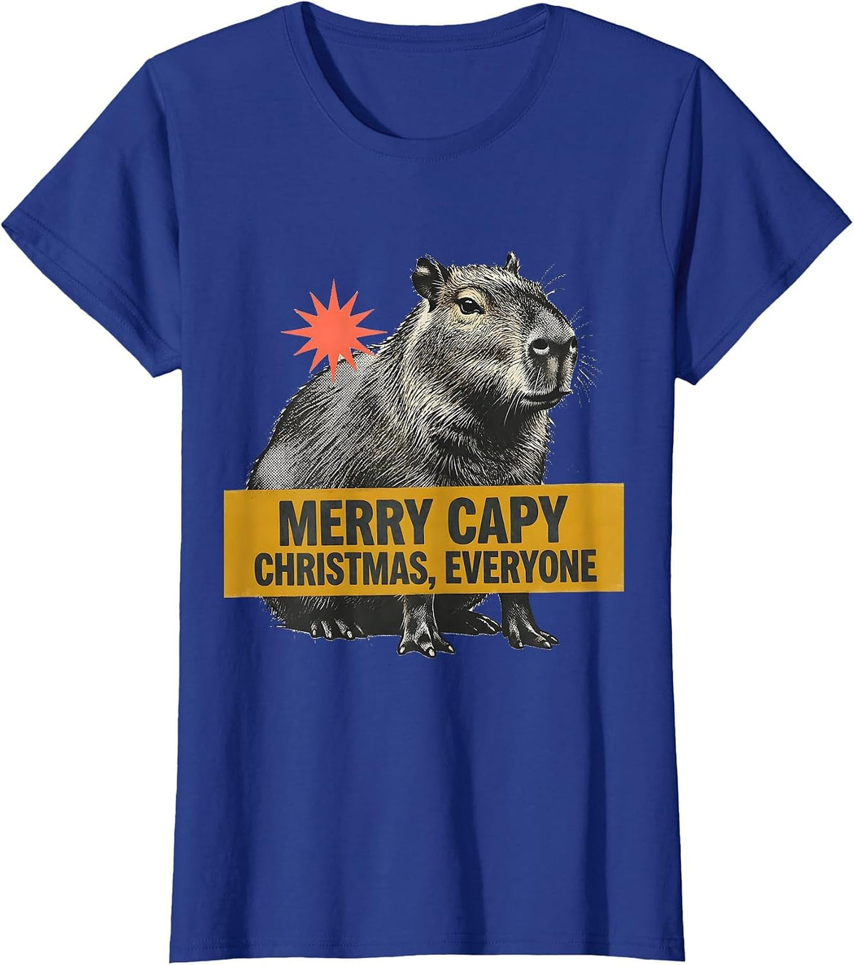 Women's Merry Capy Christmas, Everyone Midcentury Modern Capybara T-Shirt - Royal Blue