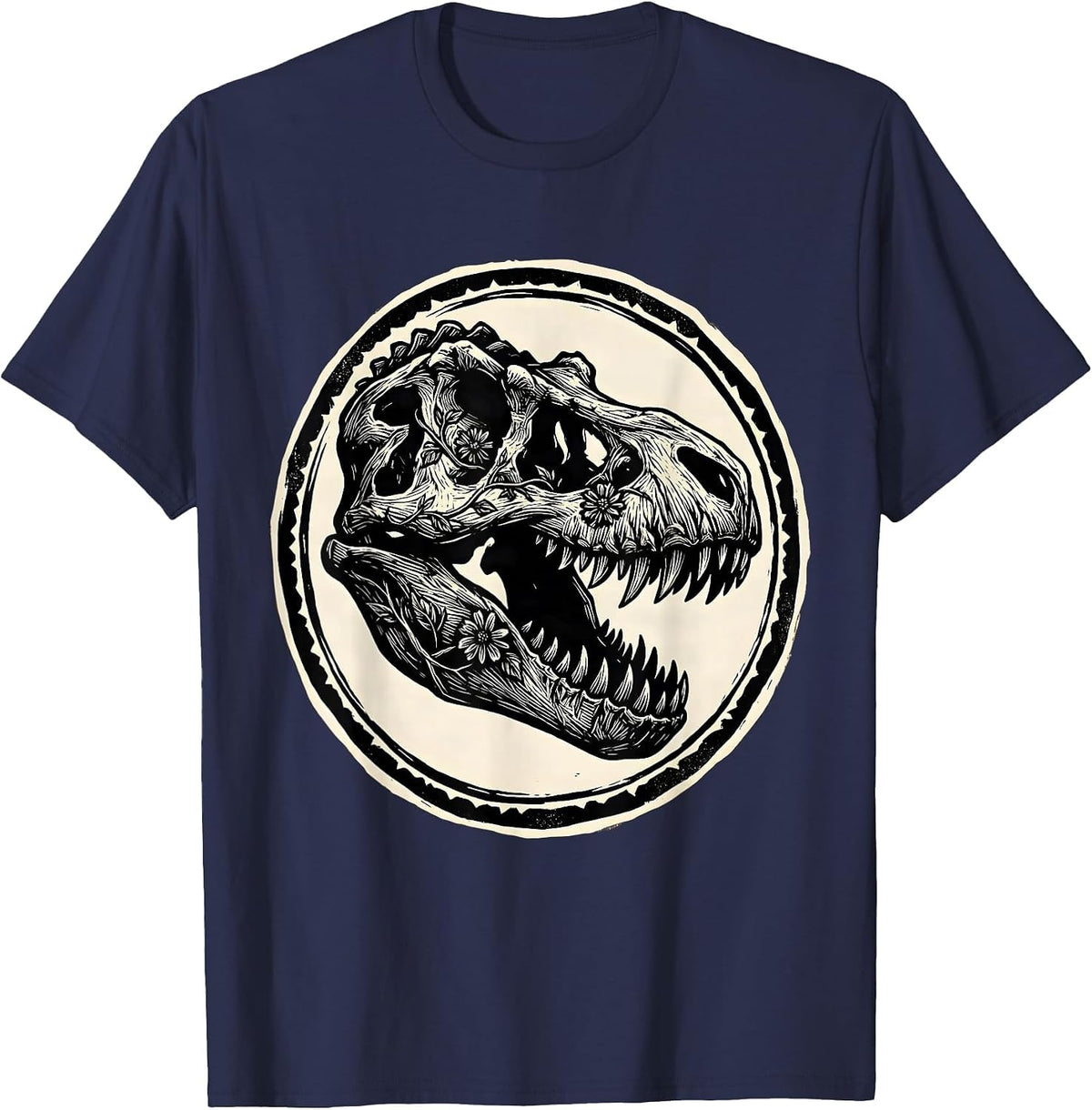T-Rex Skull Floral Vine Dinosaur Graphic T-Shirt - Navy Blue