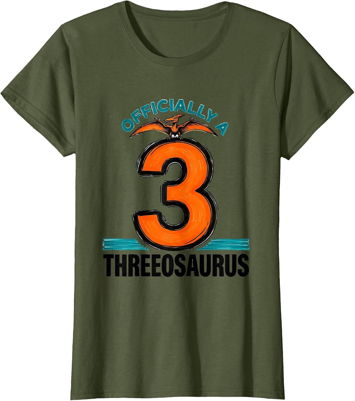 Women's Officially A Threeosaurus Funny Dinosaur Kids Back To School T-Shirt - Olive Green