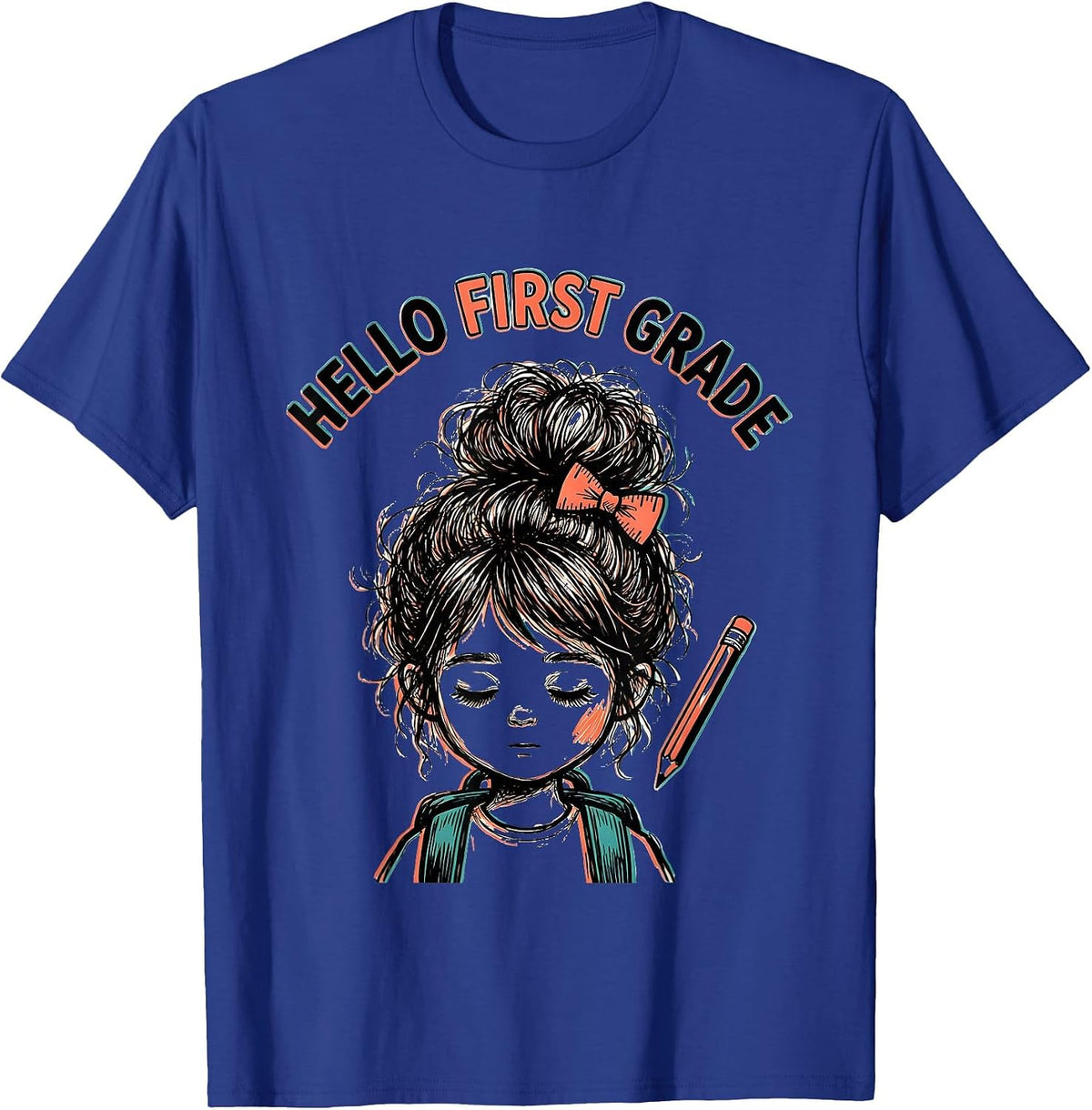 Men's Hello First Grade Back To School Messy Bun Girl Humor T-Shirt - Royal Blue
